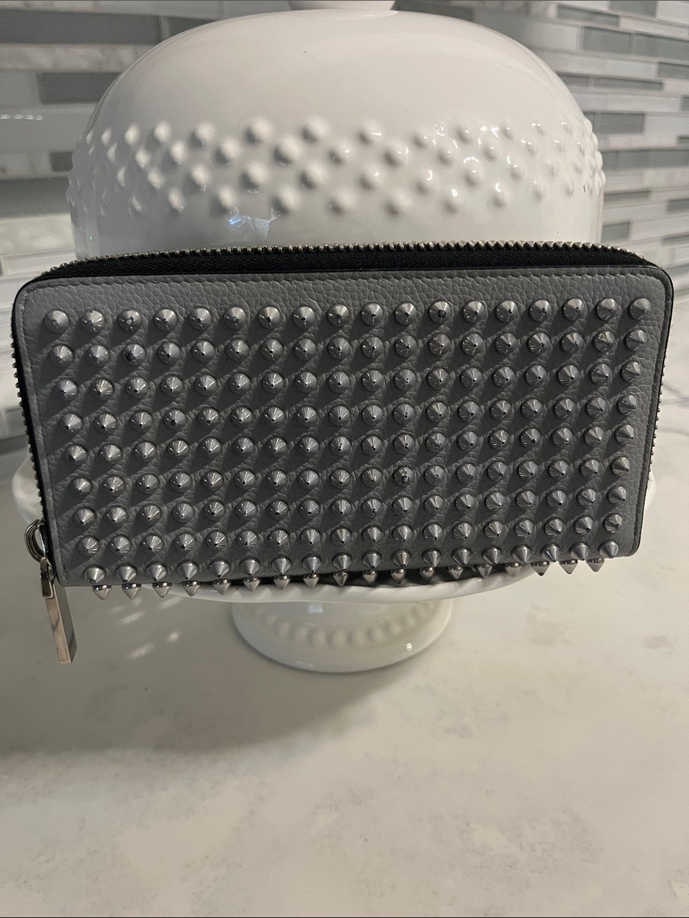Christian Louboutin Gray Studded Zip Wallet